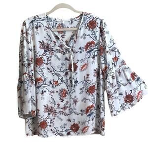Violet + Claire Blouse SZ L White Floral Spring Ruffle Bell Sleeve